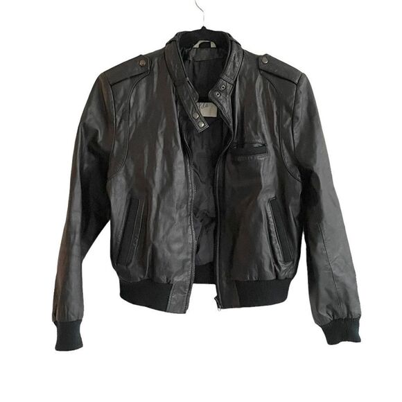 Ada Black Leather Zip Front Long Sleeve Moto Bomber Jacket M - Picture 3 of 9